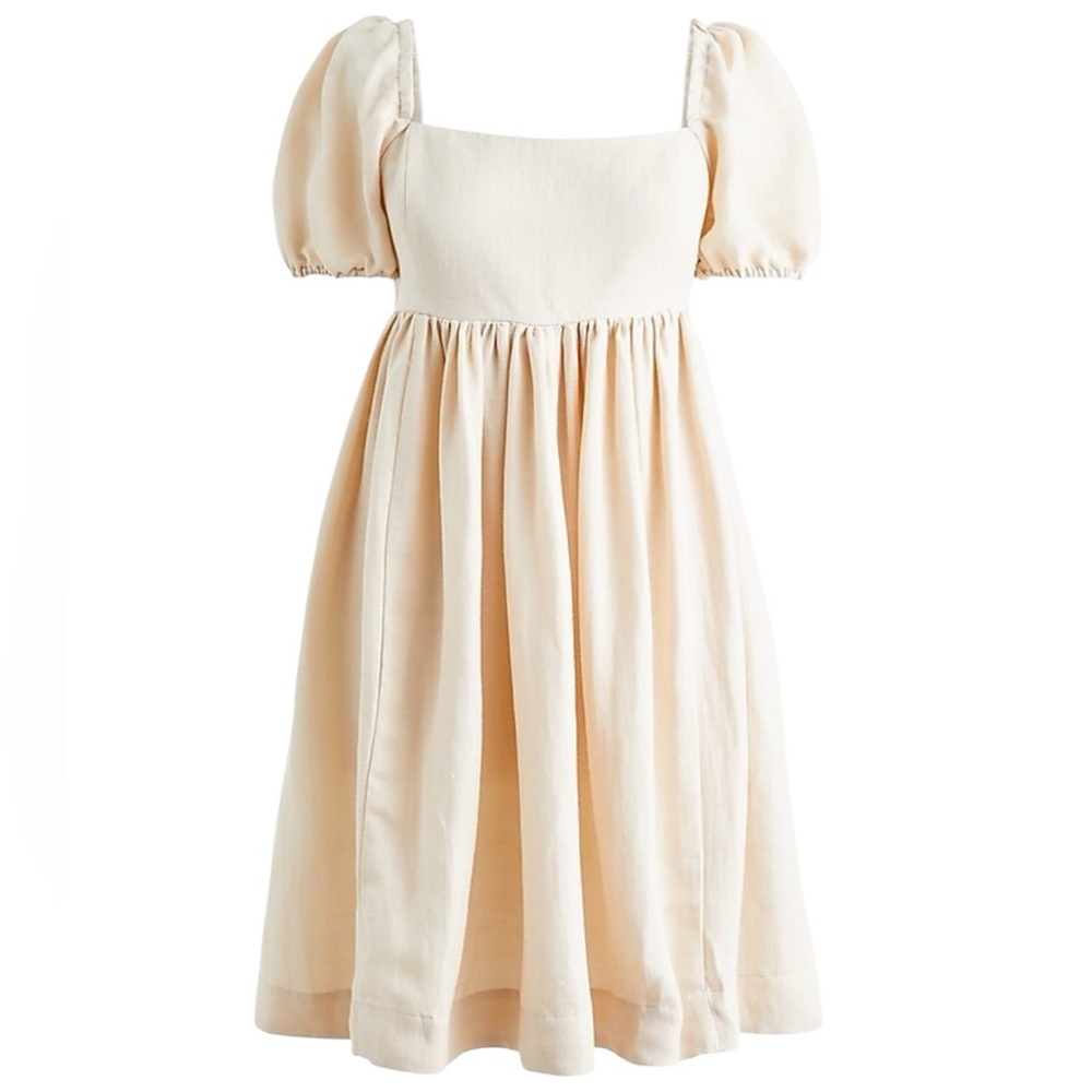 J. Crew Size 12 Beige Puff Sleeve Linen-Cupro Blend Mini A-Line Dress Pockets